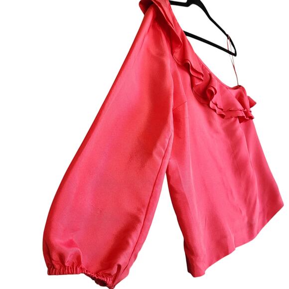 J Crew Womens One Shoulder Silk Shantung Top Size 8 Brilliant Poppy Ruffle NEW - Picture 3 of 11